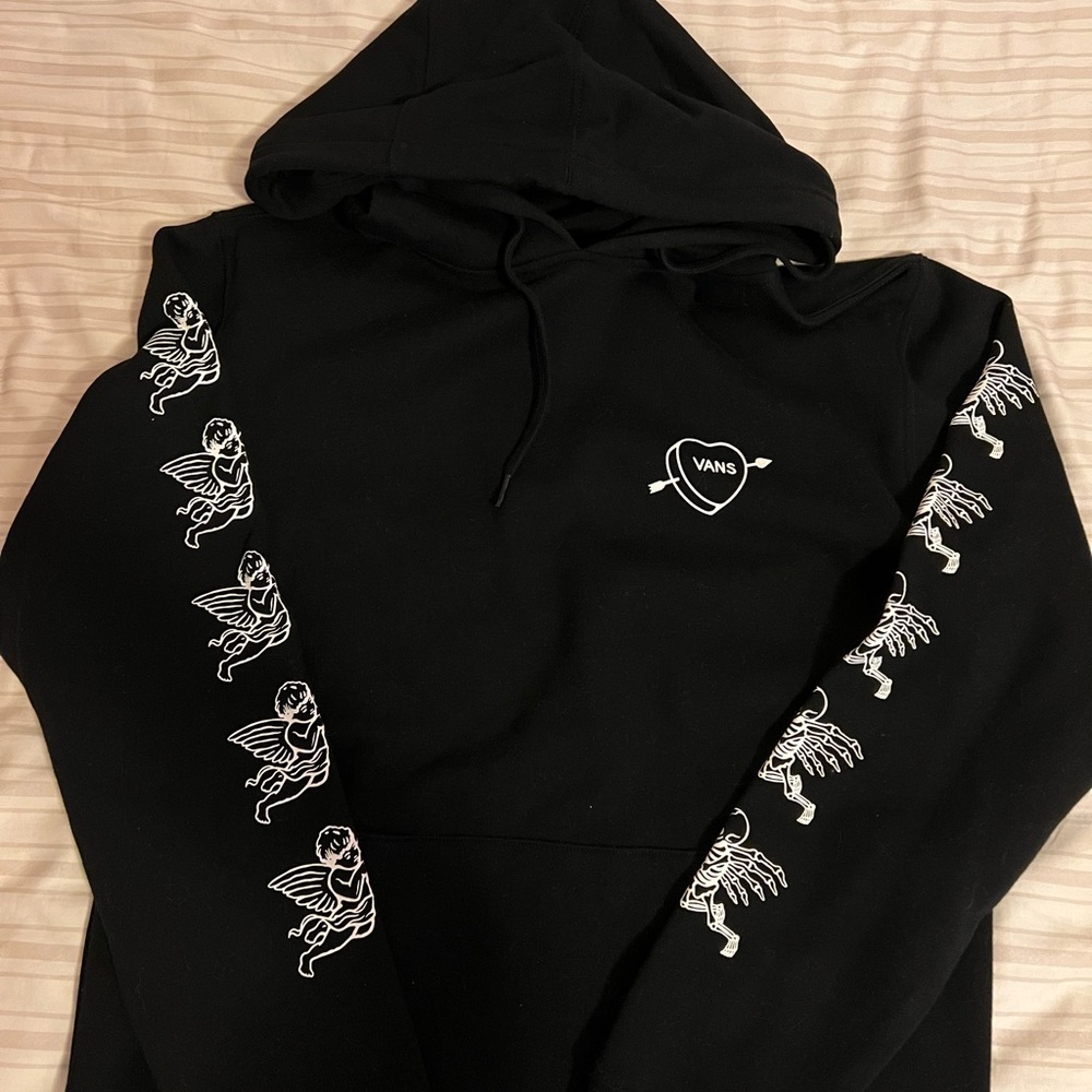 NWT Vans Black Hoodie with Cupid and Skeleton Cupid sleeve design size small men